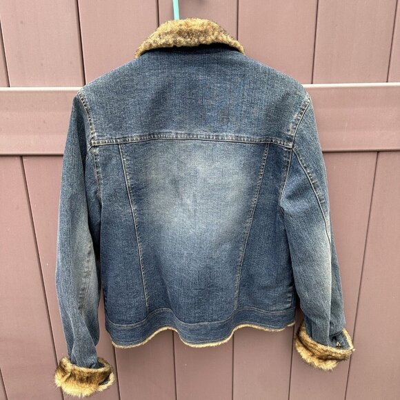Vintage Marvin Richards Blue Denim Jean Jacket Faux Fur Lined Sz Medium 90s Y2K - Picture 2 of 14